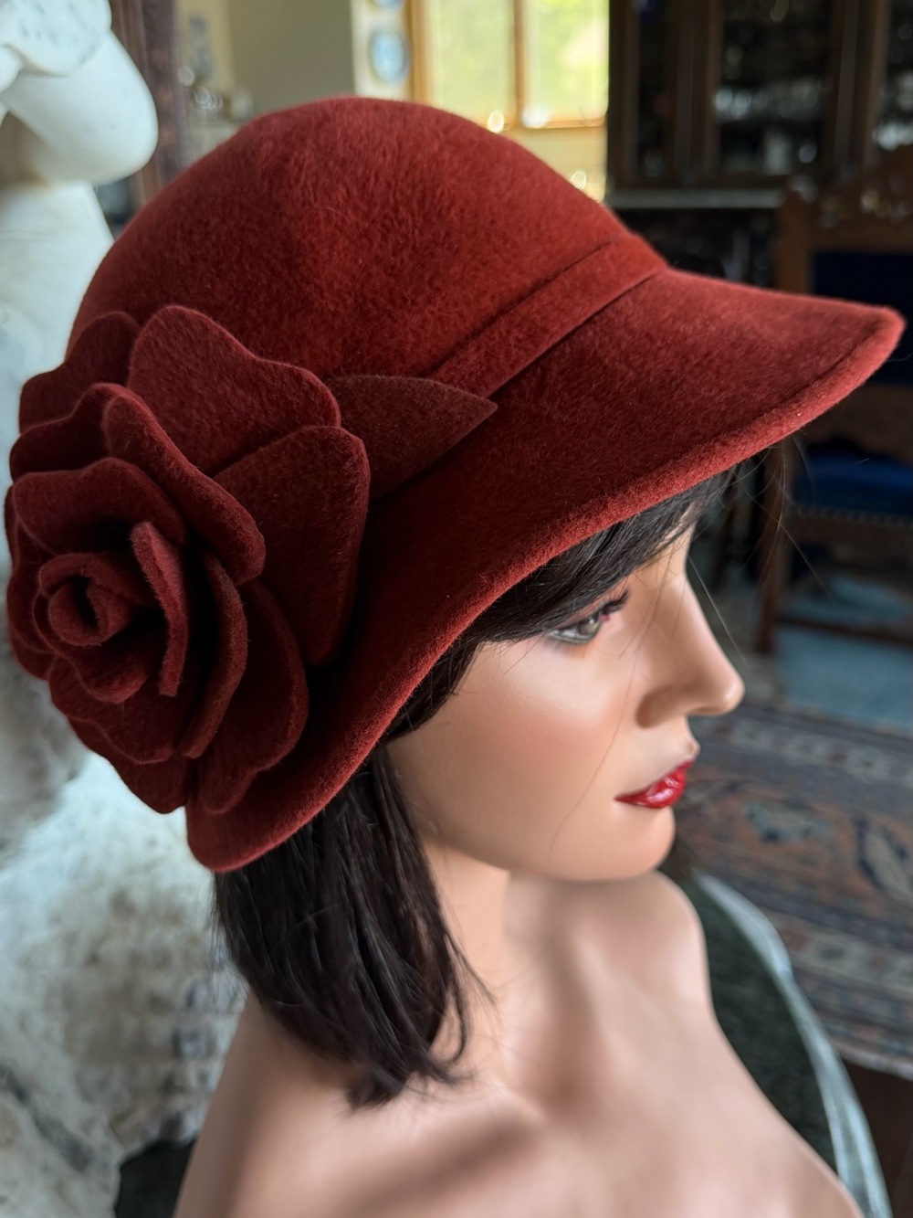 Women's wool Cloche Hat with Sculpted Flower in Rust